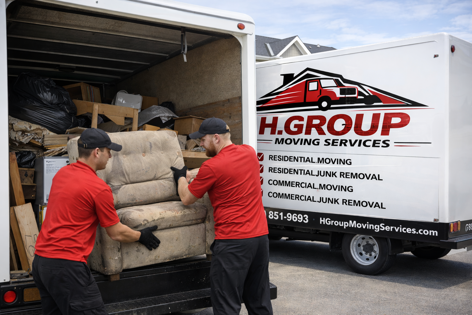 Two H. Group Moving Services workers loading junk into the truck
