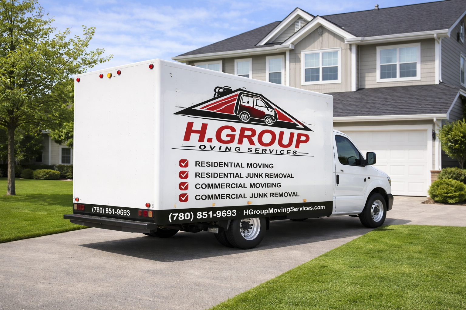 H. Group Moving Services truck parked in front of a residential home